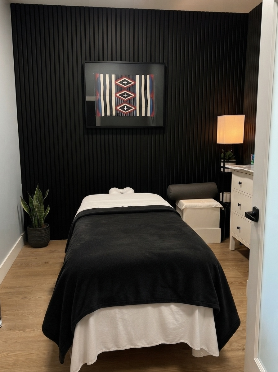 An inviting State 48 Massage treatment room with a massage table, warm lamp, plants, and artwork